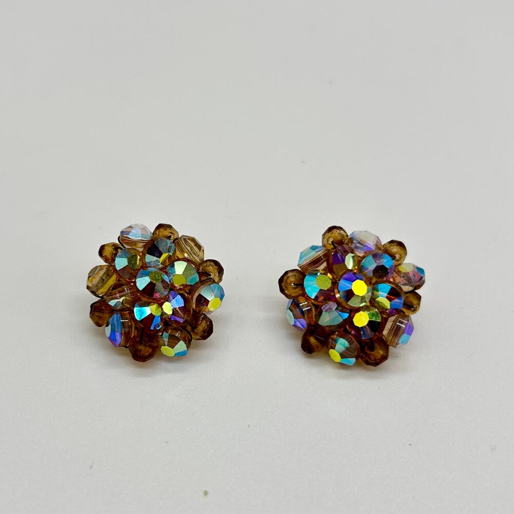 Vintage Aurora Borealis Clip On Earrings Bead Cluster Flower Champagne Costume